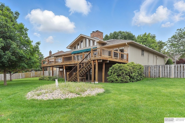 15618 L St, Omaha, NE 68135 - back of house with stairs, a wooden deck, a chimney, and a fenced backyard