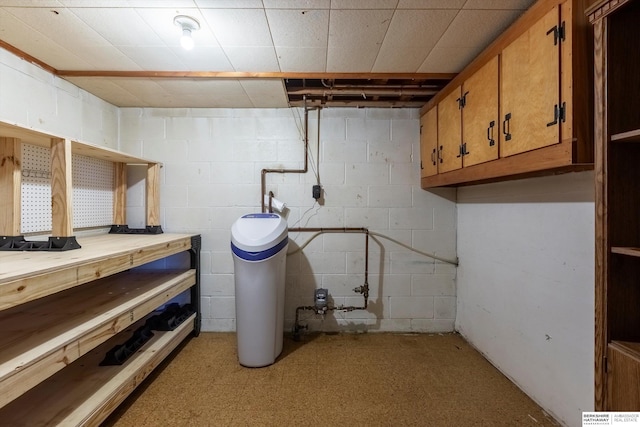 1805 Collins Dr, Bellevue, NE 68005 - unfinished basement with concrete block wall, a water softener system, and light flooring