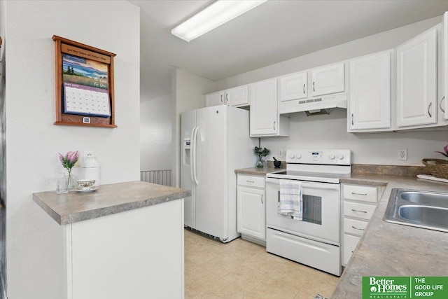 8867 Kimball St, Omaha, NE 68122 - kitchen with white appliances, under cabinet range hood, and white cabinets