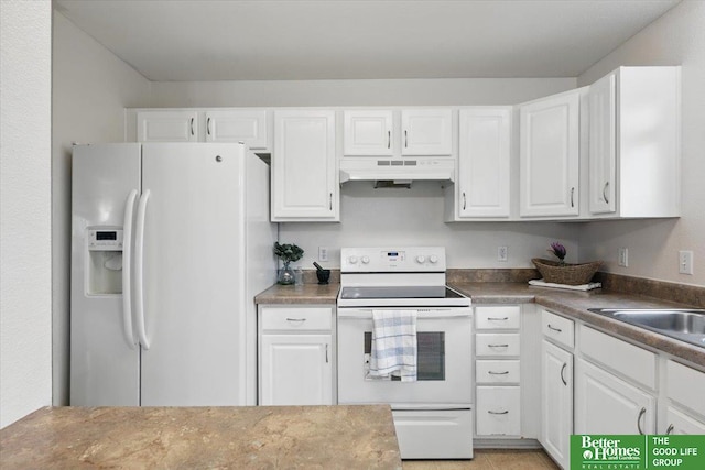 8867 Kimball St, Omaha, NE 68122 - kitchen featuring white appliances, under cabinet range hood, and white cabinets