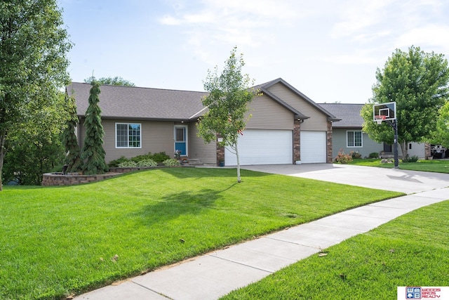 85 Vince Dr, Bennet, NE 68317 - ranch-style house with an attached garage, concrete driveway, a front lawn, and roof with shingles