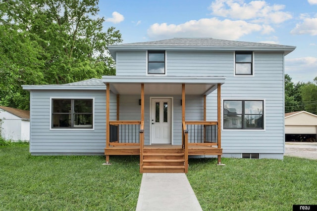 316 N 13th St, Tekamah, NE 68061 - view of front of house with covered porch, a front yard, a garage, and a shingled roof