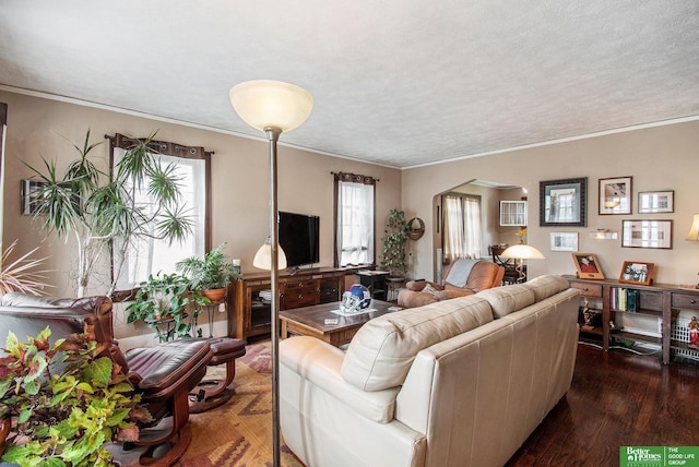 1100/1102 S 35th Ave, Omaha, NE 68105 - living area with arched walkways, dark wood-style flooring, and crown molding