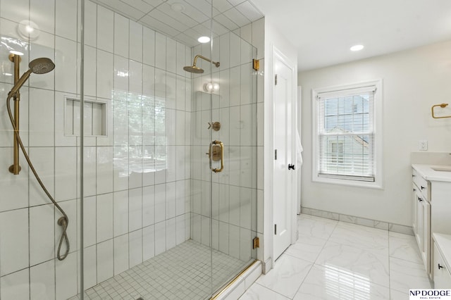 2525 N 55th St, Omaha, NE 68104 - bathroom featuring vanity, a stall shower, recessed lighting, and marble finish flooring