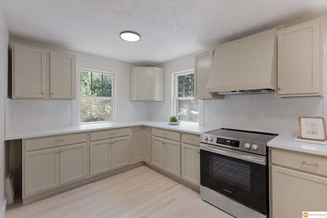 2518 N 56th St, Omaha, NE 68104 - kitchen featuring stainless steel electric range oven, custom exhaust hood, light wood-style floors, healthy amount of natural light, and a textured ceiling