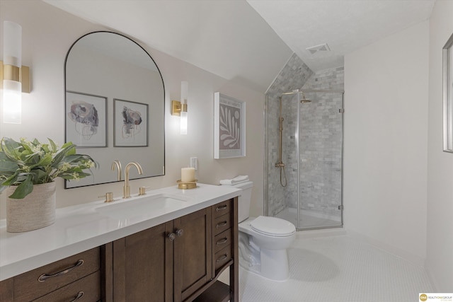 2518 N 56th St, Omaha, NE 68104 - bathroom featuring lofted ceiling, vanity, a stall shower, and tile patterned floors