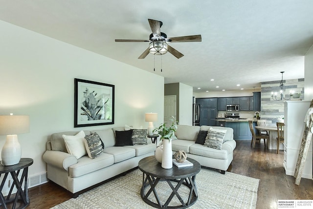 1622 S 179th St, Omaha, NE 68130 - living area featuring a ceiling fan, a chandelier, dark wood finished floors, and recessed lighting