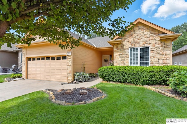408 S 197th St, Omaha, NE 68022 - view of front facade featuring stone siding, a garage, and a front yard
