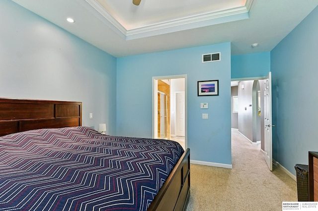 408 S 197th St, Omaha, NE 68022 - bedroom featuring a tray ceiling, ornamental molding, light carpet, recessed lighting, and ceiling fan