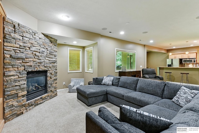 408 S 197th St, Omaha, NE 68022 - living room featuring carpet flooring, recessed lighting, and a fireplace