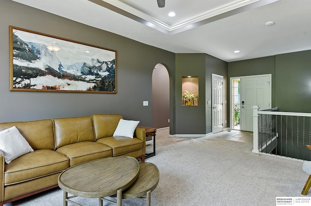 408 S 197th St, Omaha, NE 68022 - living room with arched walkways, light carpet, recessed lighting, and crown molding