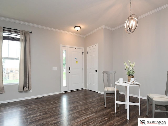 2906 Bar Harbor Dr, Bellevue, NE 68123 - entrance foyer with dark wood-style floors, a chandelier, and ornamental molding
