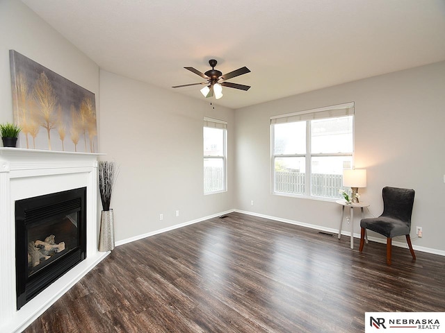 2906 Bar Harbor Dr, Bellevue, NE 68123 - unfurnished living room with wood finished floors, ceiling fan, and a glass covered fireplace