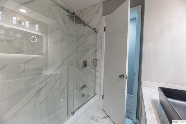 3701 Groves Rd, Bellevue, NE 68147 - bathroom with shower / bath combination with glass door, marble finish floors, and vanity