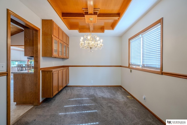 12312 Decatur St, Omaha, NE 68154 - unfurnished dining area featuring a chandelier, a wood ceiling with exposed beams, and carpet