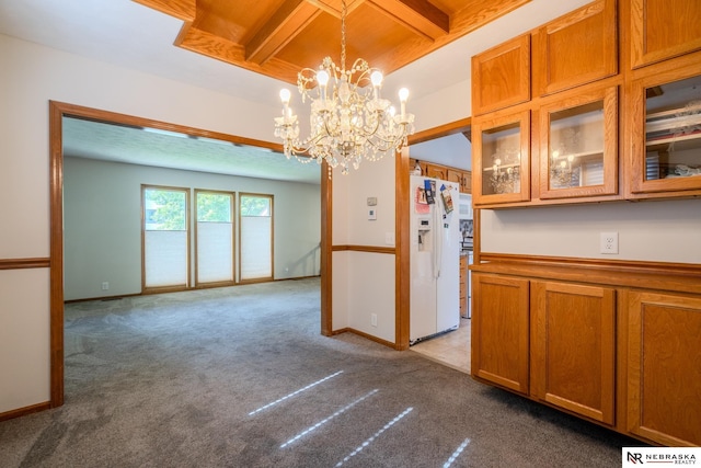 12312 Decatur St, Omaha, NE 68154 - kitchen with white refrigerator with ice dispenser, a chandelier, light carpet, brown cabinetry, and glass insert cabinets
