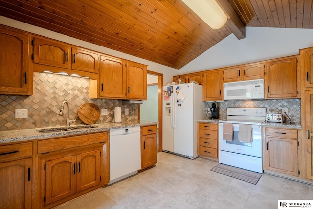 12312 Decatur St, Omaha, NE 68154 - kitchen with white appliances, decorative backsplash, brown cabinets, light stone counters, and wooden ceiling