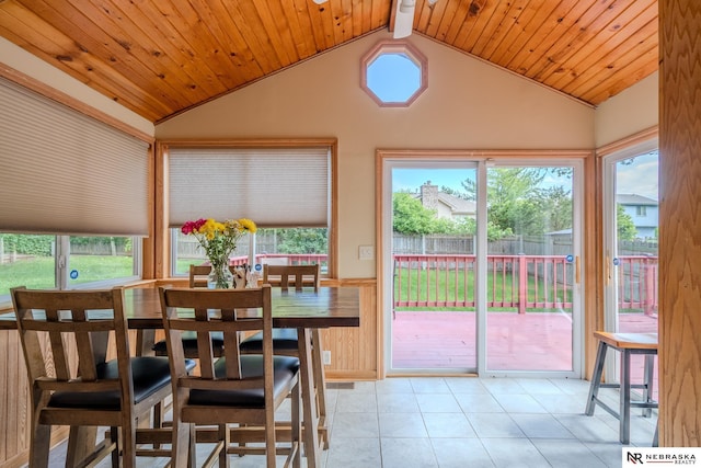 12312 Decatur St, Omaha, NE 68154 - sunroom / solarium featuring vaulted ceiling, a wainscoted wall, wood ceiling, and tile patterned flooring