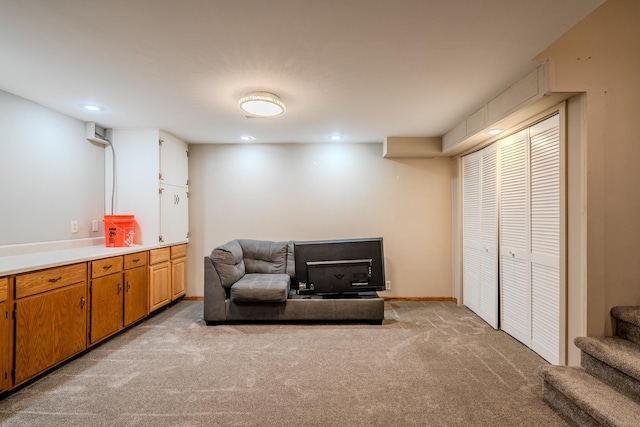 12312 Decatur St, Omaha, NE 68154 - living area featuring carpet, recessed lighting, and stairs