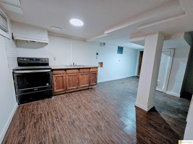 2715 S 15th St, Omaha, NE 68108 - kitchen with electric stove, brown cabinetry, dark wood-type flooring, ventilation hood, and light countertops