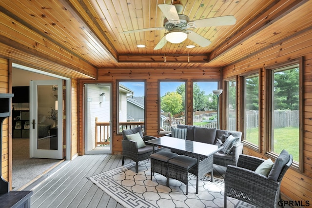 2303 N 150th Ave, Omaha, NE 68116 - sunroom / solarium featuring wooden ceiling, a deck, ceiling fan, plenty of natural light, and wood-type flooring