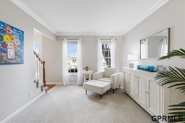 16404 Polk St, Omaha, NE 68135 - living area featuring stairs, ornamental molding, and light colored carpet