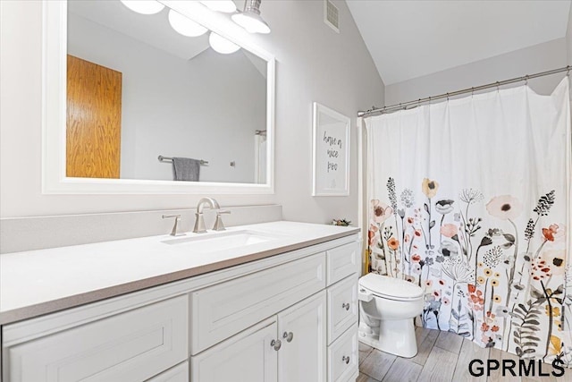 16404 Polk St, Omaha, NE 68135 - bathroom with vanity, vaulted ceiling, wood finished floors, and curtained shower