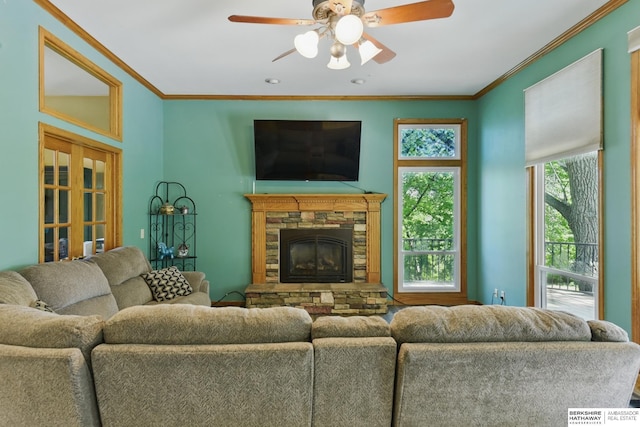1326 Bellevue Blvd, Bellevue, NE 68005 - living room with a ceiling fan, crown molding, and a fireplace