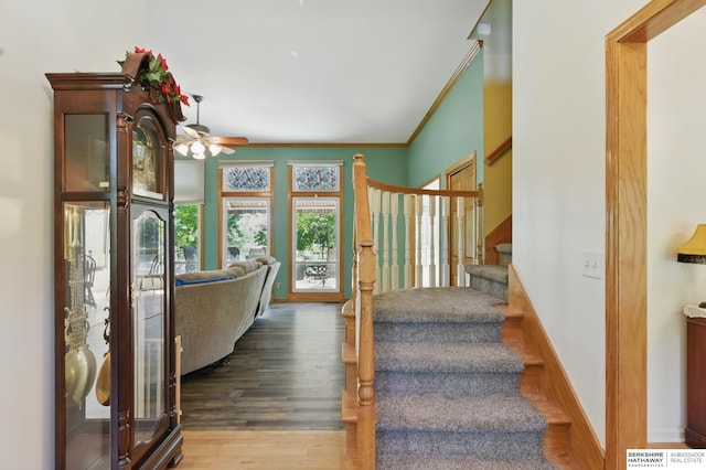 1326 Bellevue Blvd, Bellevue, NE 68005 - stairway with a ceiling fan, wood finished floors, and ornamental molding