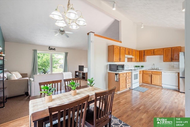 10011 S 9th Cir, Bellevue, NE 68123 - dining area with a chandelier, light wood finished floors, high vaulted ceiling, a ceiling fan, and a textured ceiling