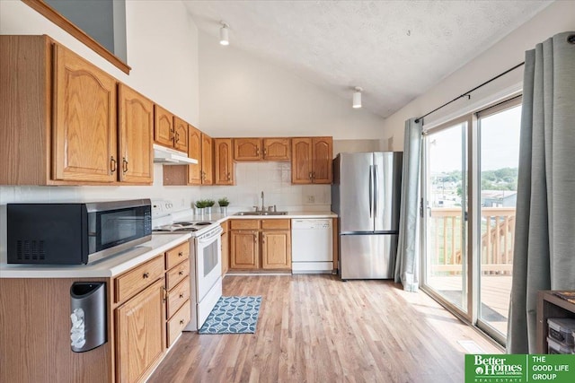 10011 S 9th Cir, Bellevue, NE 68123 - kitchen with appliances with stainless steel finishes, under cabinet range hood, lofted ceiling, light wood-style floors, and light countertops