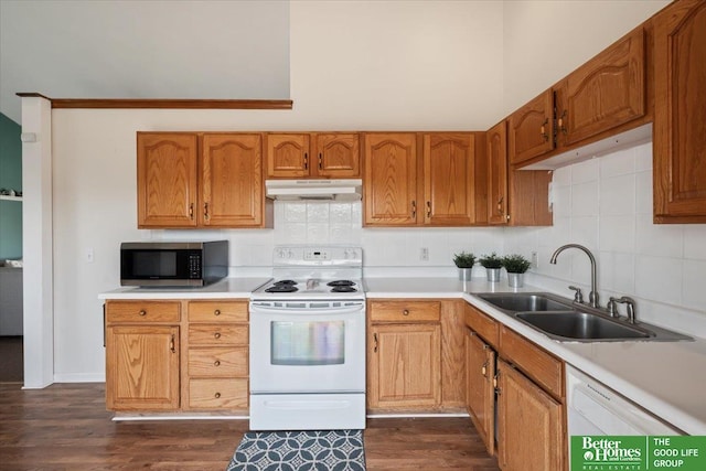 10011 S 9th Cir, Bellevue, NE 68123 - kitchen featuring white appliances, under cabinet range hood, decorative backsplash, and light countertops
