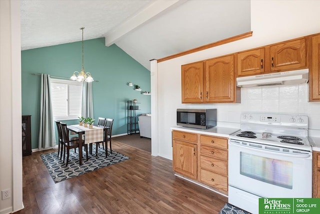 10011 S 9th Cir, Bellevue, NE 68123 - kitchen featuring electric stove, stainless steel microwave, under cabinet range hood, a chandelier, and decorative backsplash
