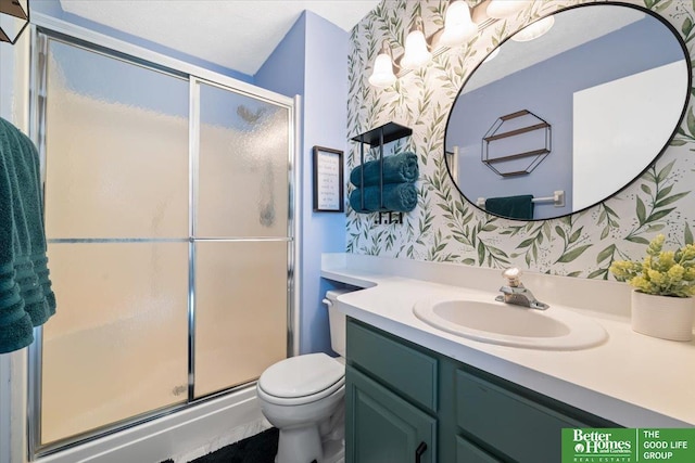 10011 S 9th Cir, Bellevue, NE 68123 - bathroom with wallpapered walls, vanity, and a shower stall