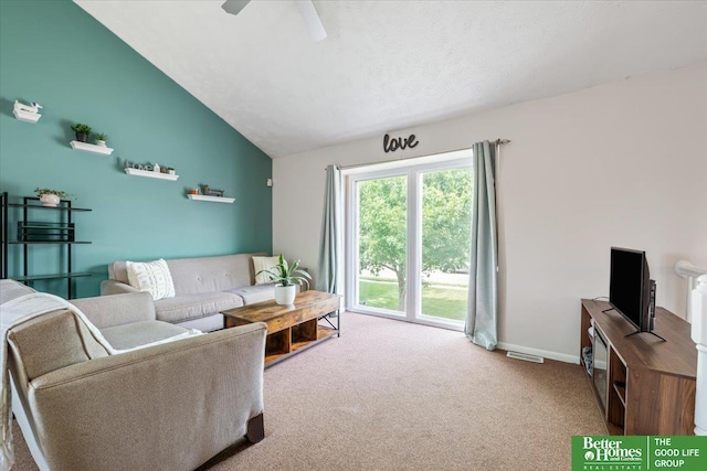 10011 S 9th Cir, Bellevue, NE 68123 - living room with lofted ceiling, carpet floors, and a ceiling fan