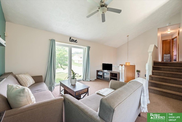 10011 S 9th Cir, Bellevue, NE 68123 - living room with carpet, stairway, a ceiling fan, and vaulted ceiling