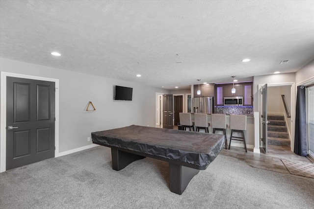 2111 Gindy Dr, Bellevue, NE 68147 - rec room with recessed lighting, carpet flooring, billiards, and a textured ceiling
