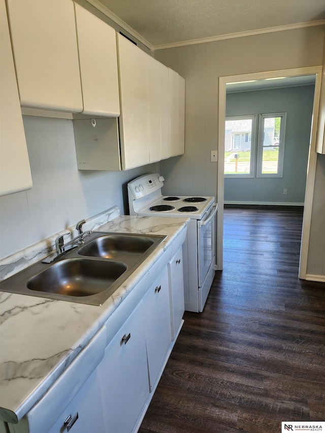 1653 E 3rd St, Fremont, NE 68025 - kitchen featuring electric range, ornamental molding, dark wood finished floors, and white cabinets
