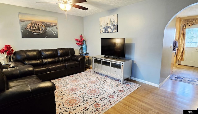 7512 Susan Ave S, La Vista, NE 68128 - living room featuring arched walkways, ceiling fan, wood finished floors, and a textured ceiling