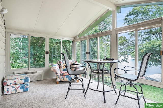 9109 Murray Dr, Plattsmouth, NE 68048 - sunroom with vaulted ceiling, an AC wall unit, plenty of natural light, and carpet flooring