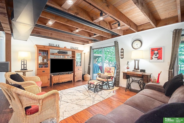 9109 Murray Dr, Plattsmouth, NE 68048 - living area featuring a wood ceiling with exposed beams and wood finished floors