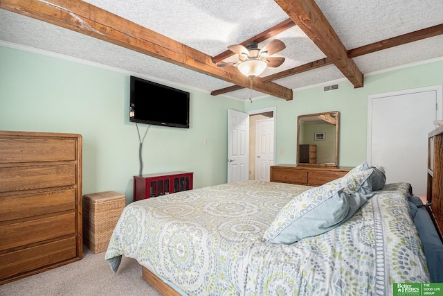 9109 Murray Dr, Plattsmouth, NE 68048 - bedroom with beamed ceiling, carpet flooring, a textured ceiling, coffered ceiling, and a ceiling fan