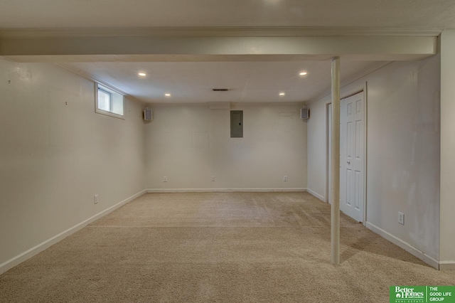 2530 S 148th St, Omaha, NE 68144 - basement featuring electric panel, recessed lighting, light colored carpet, and crown molding