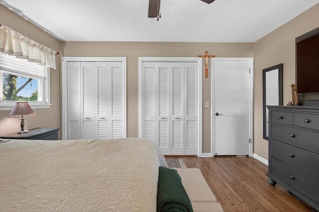 247 N 117th Ave, Omaha, NE 68154 - bedroom with wood finished floors, two closets, and ceiling fan