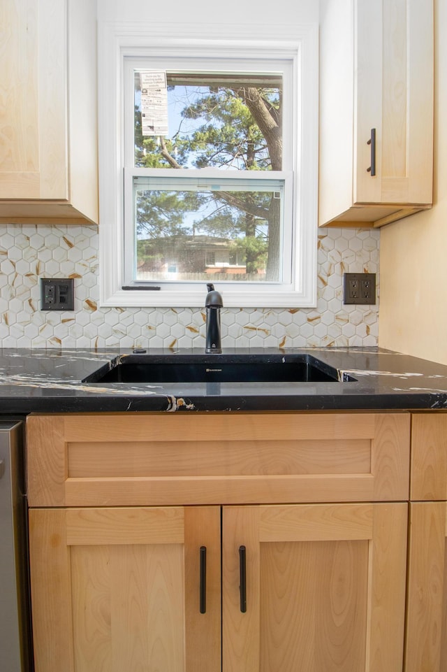 3772 F St, Lincoln, NE 68510 - kitchen with light brown cabinets, backsplash, and dishwasher