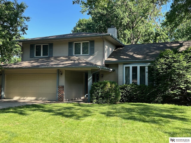 6211 S 150th St, Omaha, NE 68137 - view of front facade featuring a garage, a chimney, and a front lawn