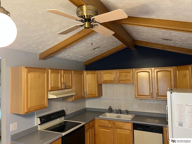 6211 S 150th St, Omaha, NE 68137 - kitchen with white appliances, under cabinet range hood, a textured ceiling, a ceiling fan, and decorative backsplash