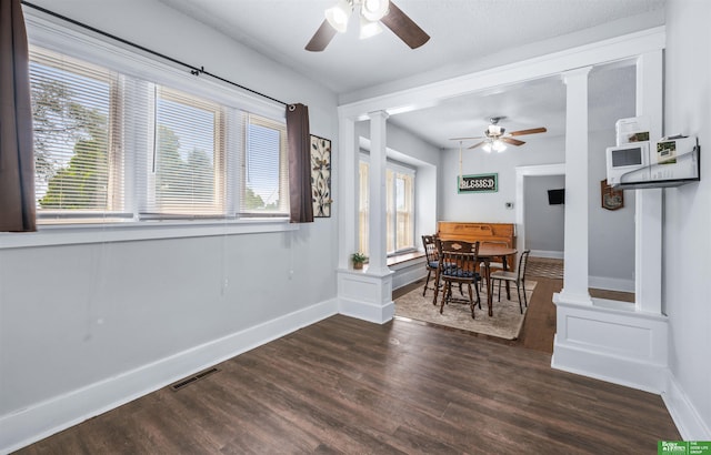 13130 N St N, Omaha, NE 68137 - dining space featuring ceiling fan, decorative columns, healthy amount of natural light, and dark wood-style flooring