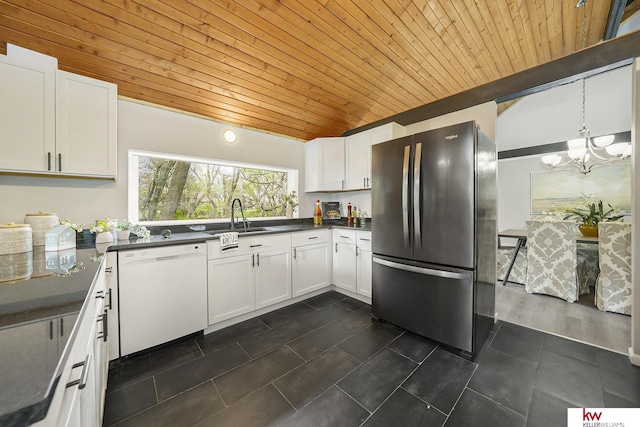 11339 Old Maple Rd, Omaha, NE 68164 - kitchen with freestanding refrigerator, dishwasher, wooden ceiling, dark countertops, and a chandelier