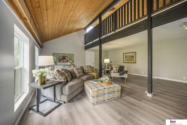11339 Old Maple Rd, Omaha, NE 68164 - living area with wood finished floors, wood ceiling, and high vaulted ceiling